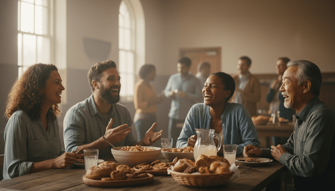 Professionals enjoying food together at a corporate team gathering with a vibrant grazing table