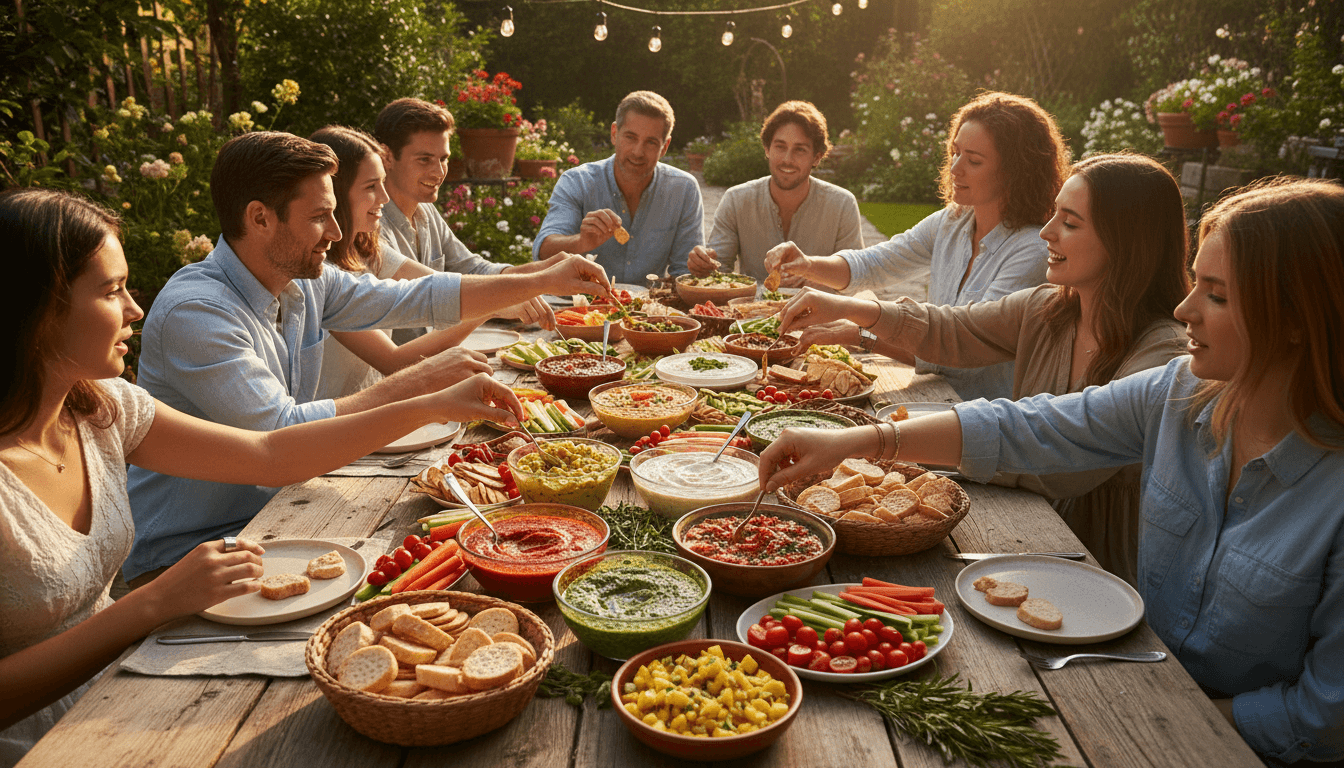 Diverse hands reaching toward a colorful shared grazing table with cheese, fruit, and appetizers