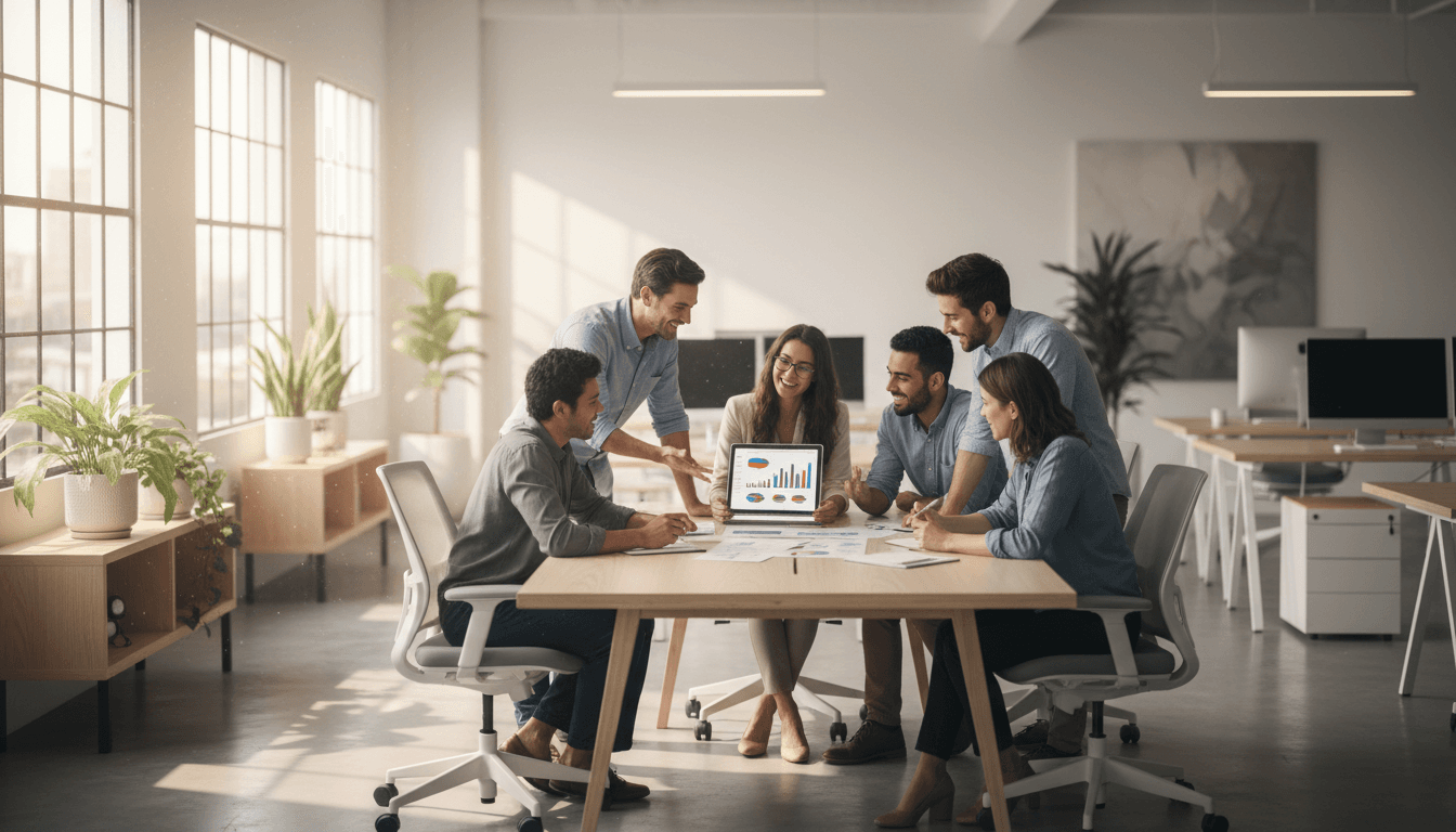 Team of professionals sharing a catered meal together at an office table
