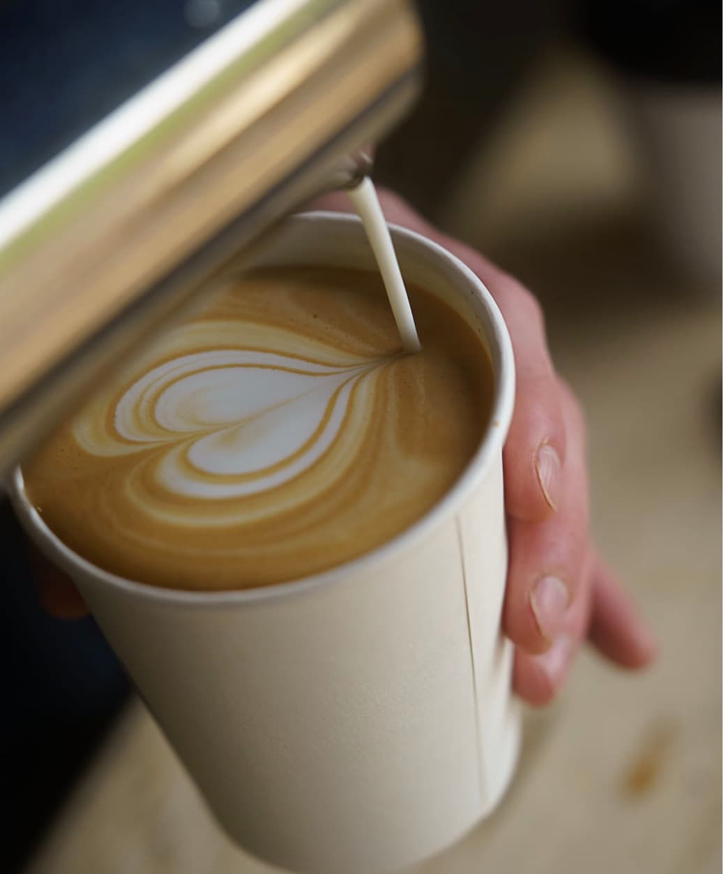 Steamed milk poured into a white paper cup, creating a heart-shaped latte art pattern.